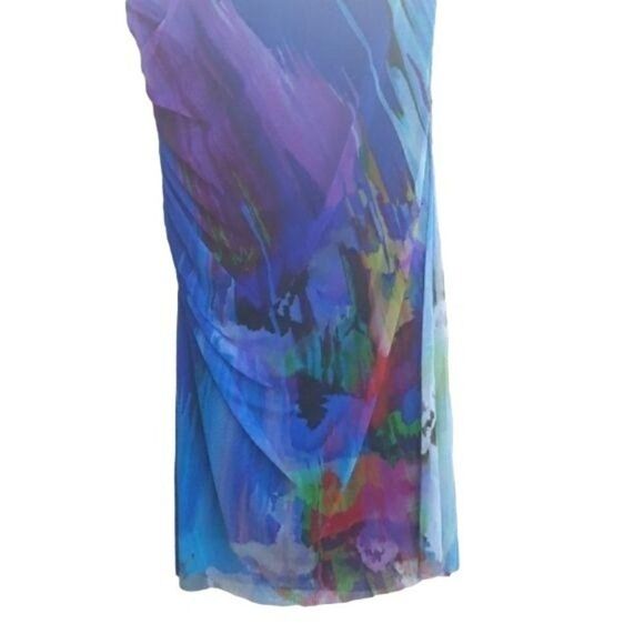 Vtg 90's Dress Bodycon Artsy Sleeveless Cutout Ruched Watercolor Blue Sz L - Picture 8 of 8